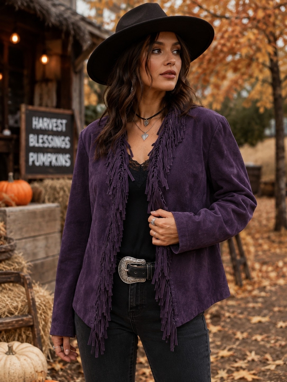 Dialogue Vintage Plum Y2K Leather Fringe Jacket Size L Autumn Western Boho